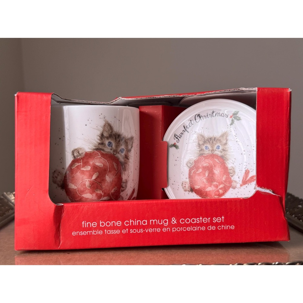 Vintage Royal Worcester Fine Bone China Kitten Christmas Mug and Coaster Set